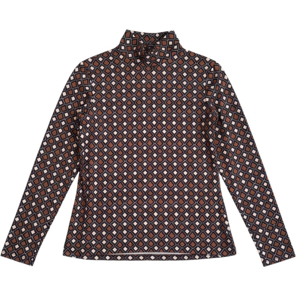 J.McLaughlin XS Catalina Cloth Turtleneck Top Brown Geometric Diamond Print